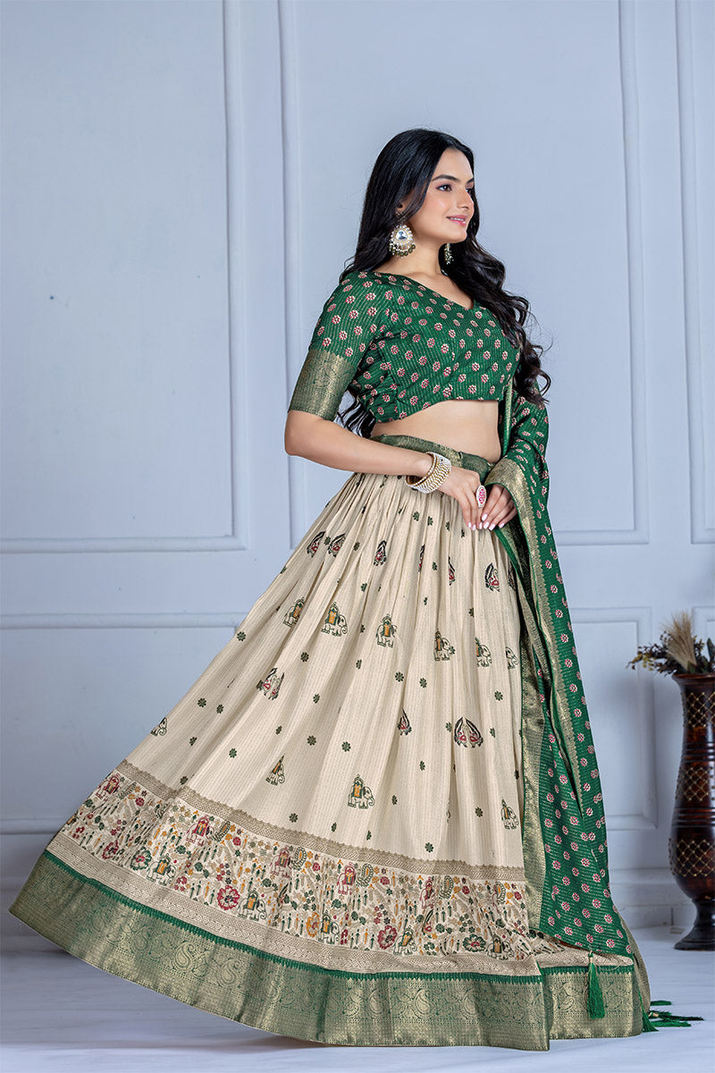 Elegant Beige And Green Lichi Fabric WIth Jacquard Border Printed Lehenga Choli Set