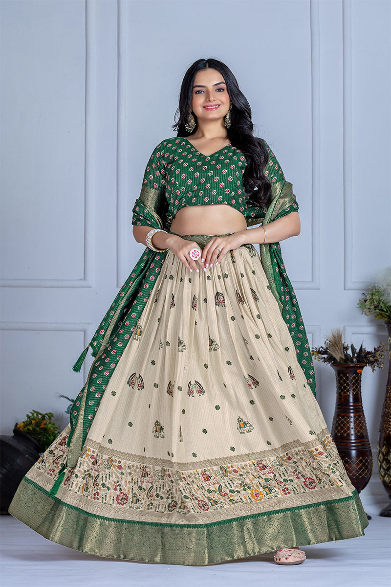Elegant Beige And Green Lichi Fabric WIth Jacquard Border Printed Lehenga Choli Set