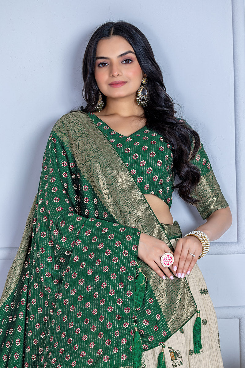 Elegant Beige And Green Lichi Fabric WIth Jacquard Border Printed Lehenga Choli Set