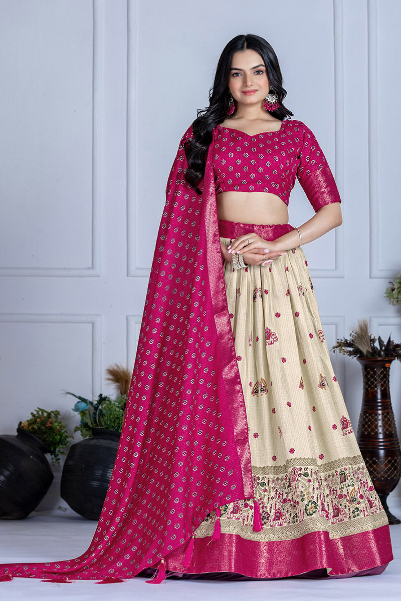 Elegant Beige And Pink Lichi Fabric WIth Jacquard Border Printed Lehenga Choli Set