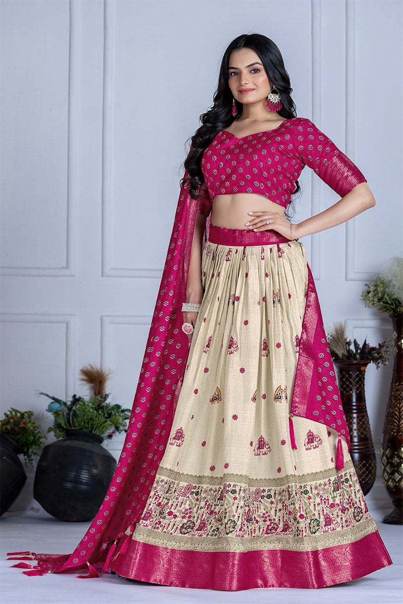 Elegant Beige And Pink Lichi Fabric WIth Jacquard Border Printed Lehenga Choli Set