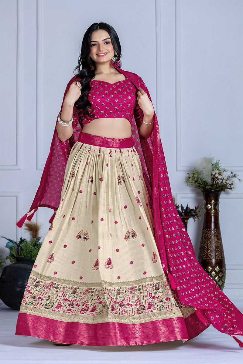 Elegant Beige And Pink Lichi Fabric WIth Jacquard Border Printed Lehenga Choli Set