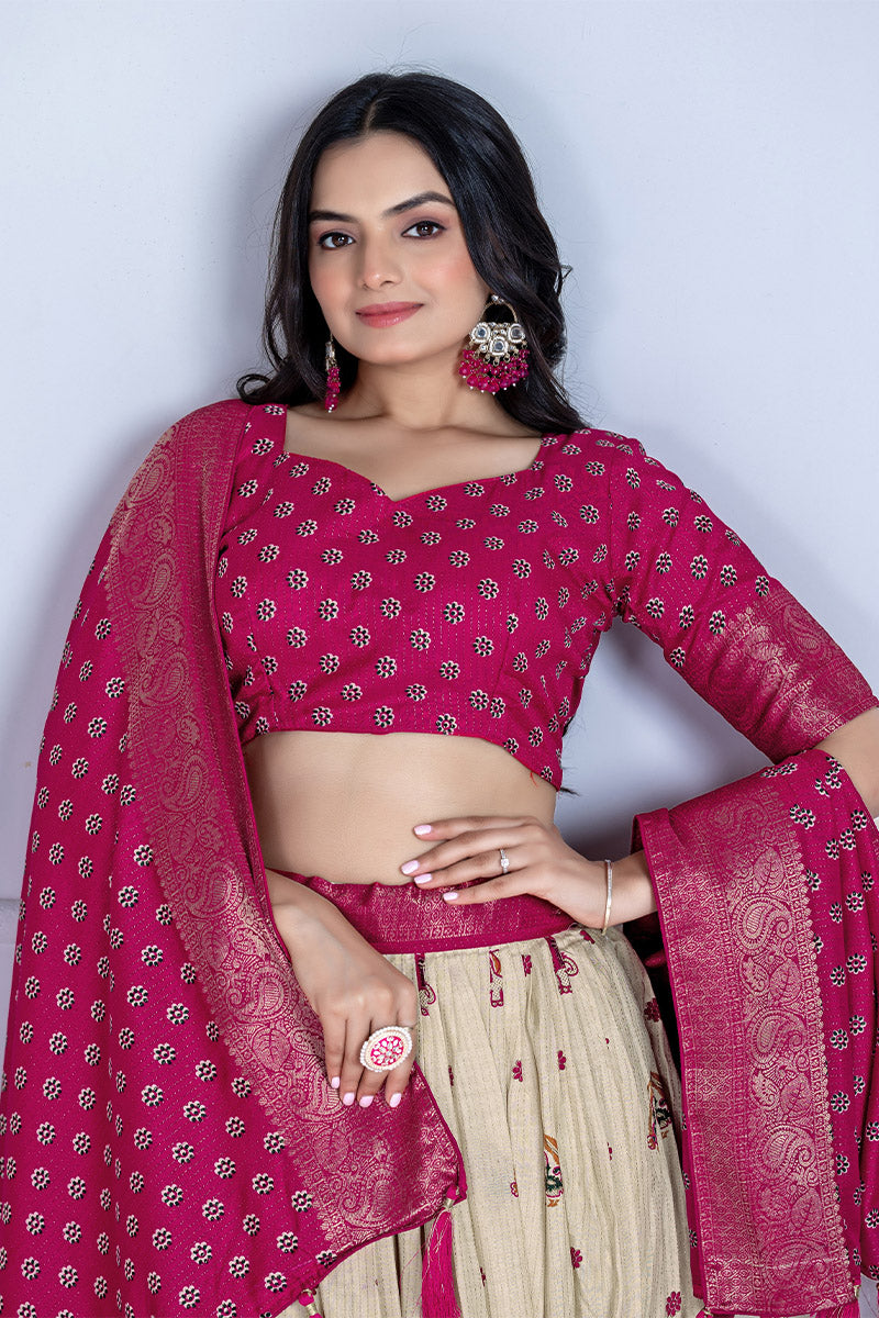 Elegant Beige And Pink Lichi Fabric WIth Jacquard Border Printed Lehenga Choli Set