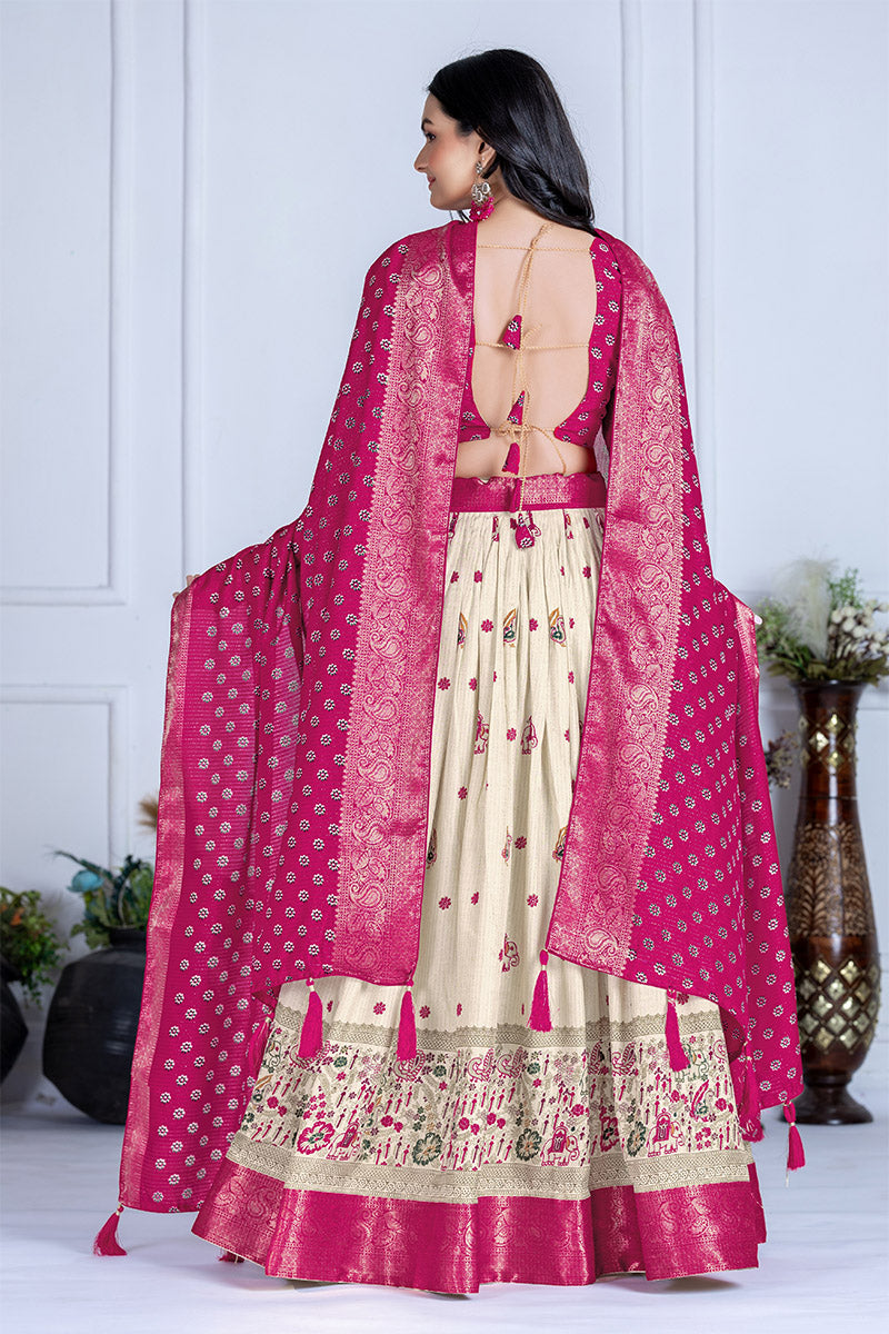 Elegant Beige And Pink Lichi Fabric WIth Jacquard Border Printed Lehenga Choli Set