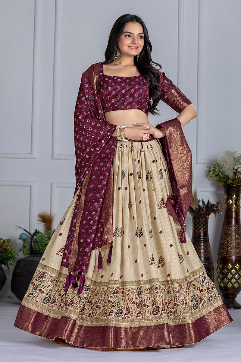 Elegant Beige And Wine Lichi Fabric WIth Jacquard Border Printed Lehenga Choli Set