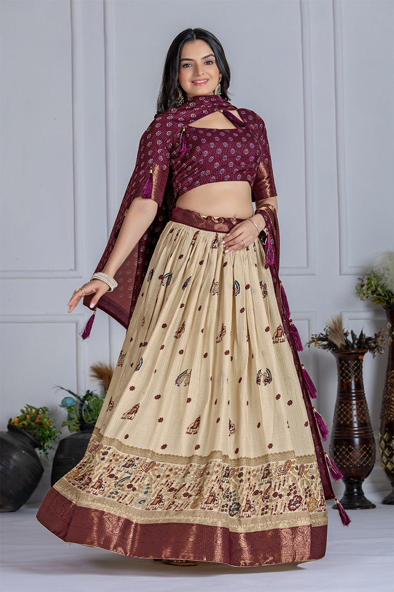 Elegant Beige And Wine Lichi Fabric WIth Jacquard Border Printed Lehenga Choli Set