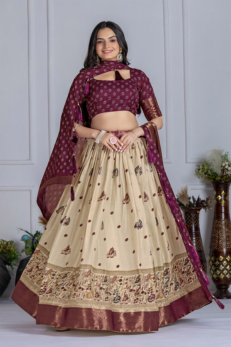Elegant Beige And Wine Lichi Fabric WIth Jacquard Border Printed Lehenga Choli Set