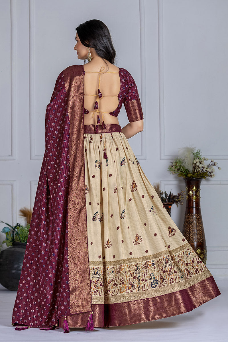 Elegant Beige And Wine Lichi Fabric WIth Jacquard Border Printed Lehenga Choli Set