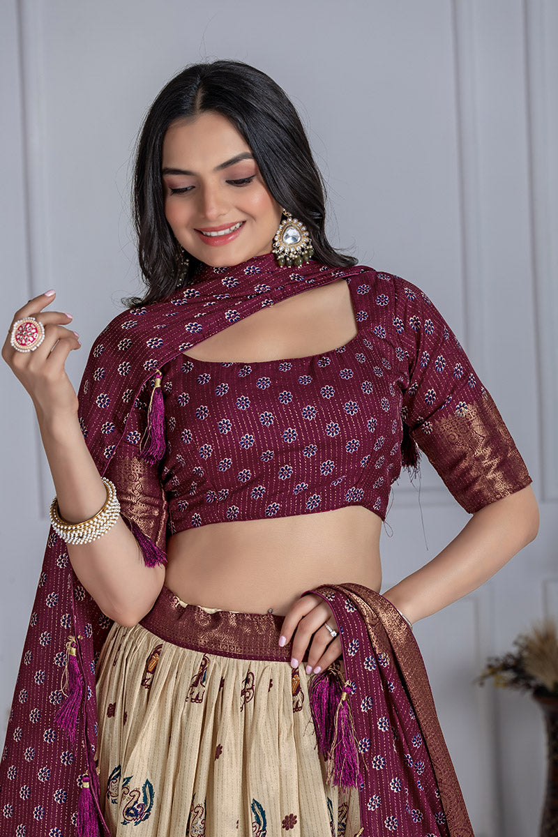 Elegant Beige And Wine Lichi Fabric WIth Jacquard Border Printed Lehenga Choli Set