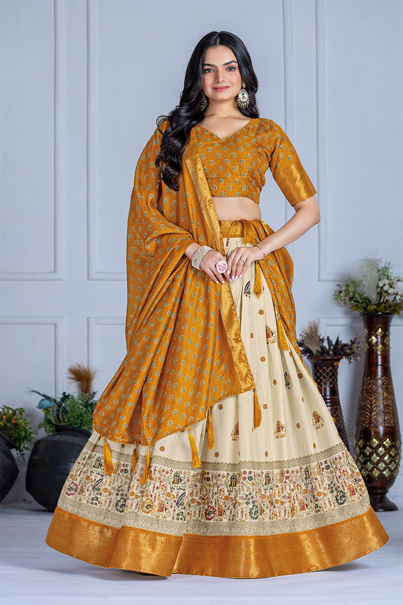 Elegant Beige And Mustard Yellow Lichi Fabric WIth Jacquard Border Printed Lehenga Choli Set