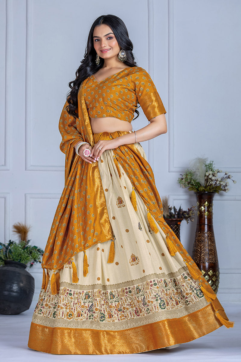 Elegant Beige And Mustard Yellow Lichi Fabric WIth Jacquard Border Printed Lehenga Choli Set