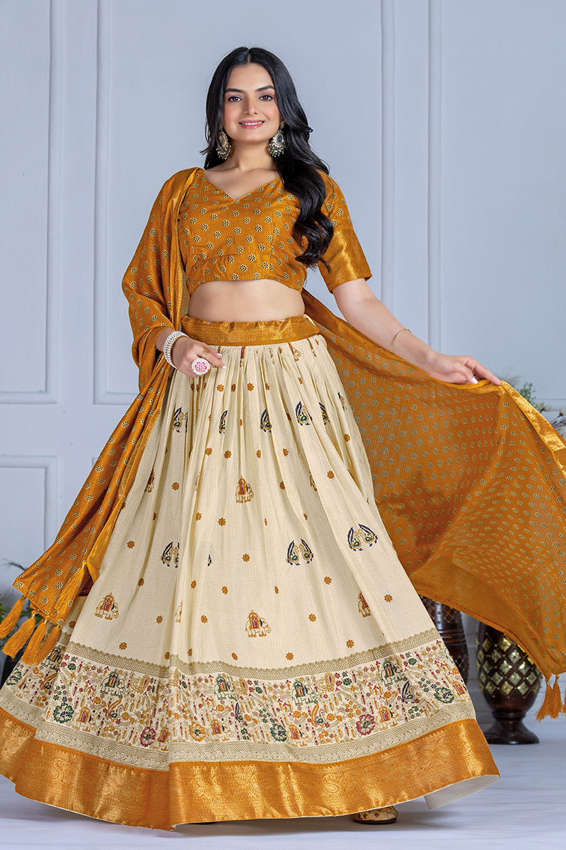 Elegant Beige And Mustard Yellow Lichi Fabric WIth Jacquard Border Printed Lehenga Choli Set