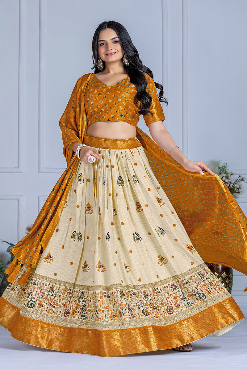 Elegant Beige And Mustard Yellow Lichi Fabric WIth Jacquard Border Printed Lehenga Choli Set