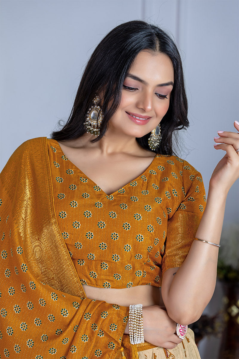 Elegant Beige And Mustard Yellow Lichi Fabric WIth Jacquard Border Printed Lehenga Choli Set