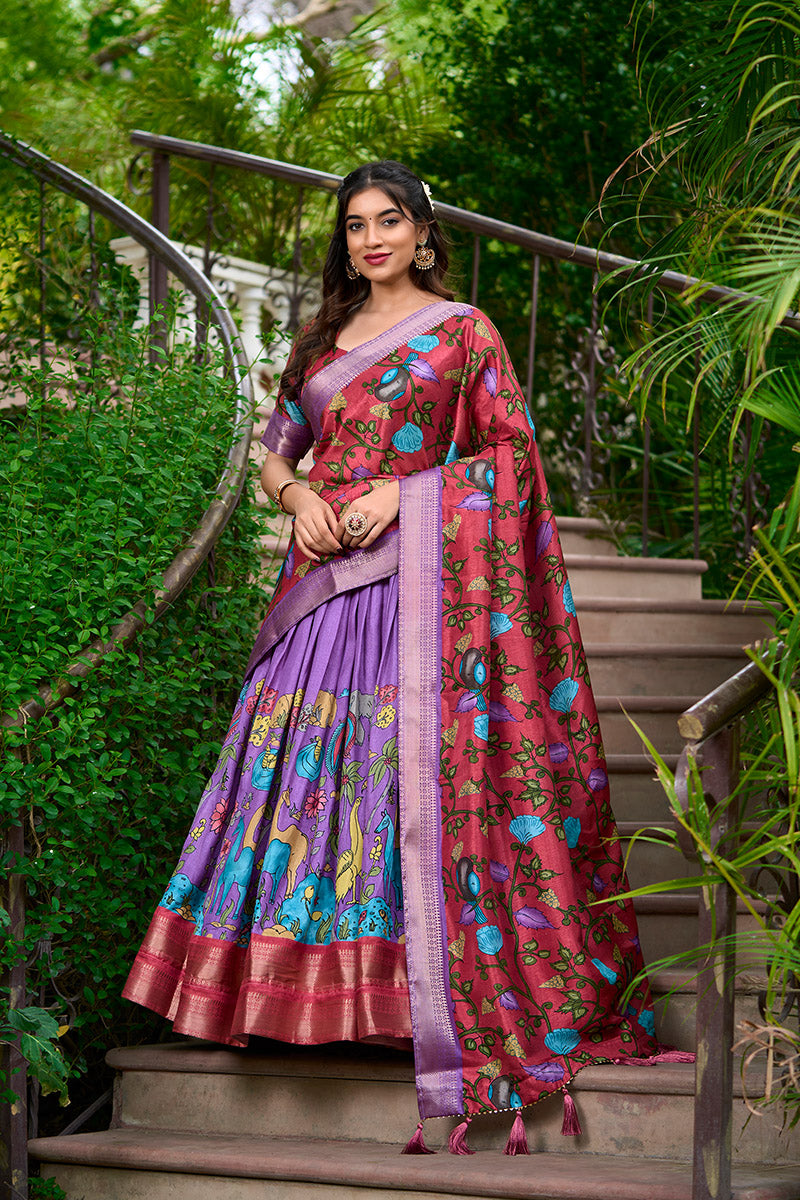 Lavender & Maroon Artistic Printed Tusser Silk Lehenga Choli Set