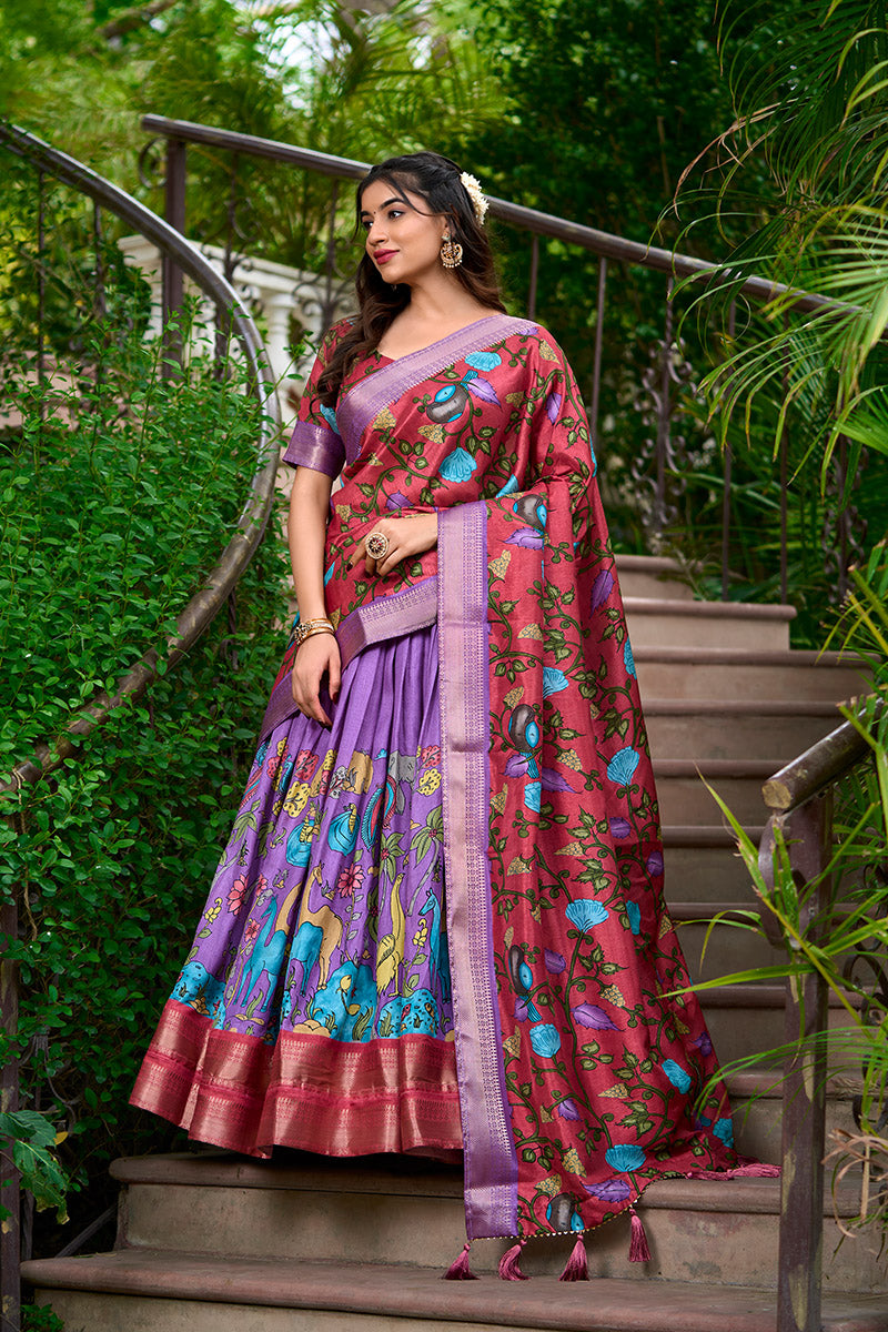 Lavender & Maroon Artistic Printed Tusser Silk Lehenga Choli Set