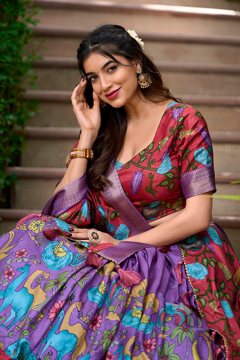 Lavender & Maroon Artistic Printed Tusser Silk Lehenga Choli Set
