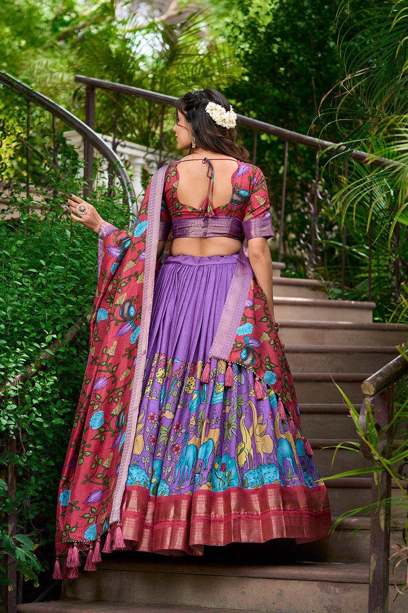 Lavender & Maroon Artistic Printed Tusser Silk Lehenga Choli Set