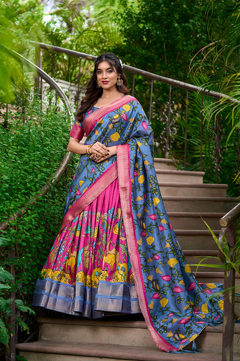 Pink & Blue Artistic Printed Tusser Silk Lehenga Choli Set