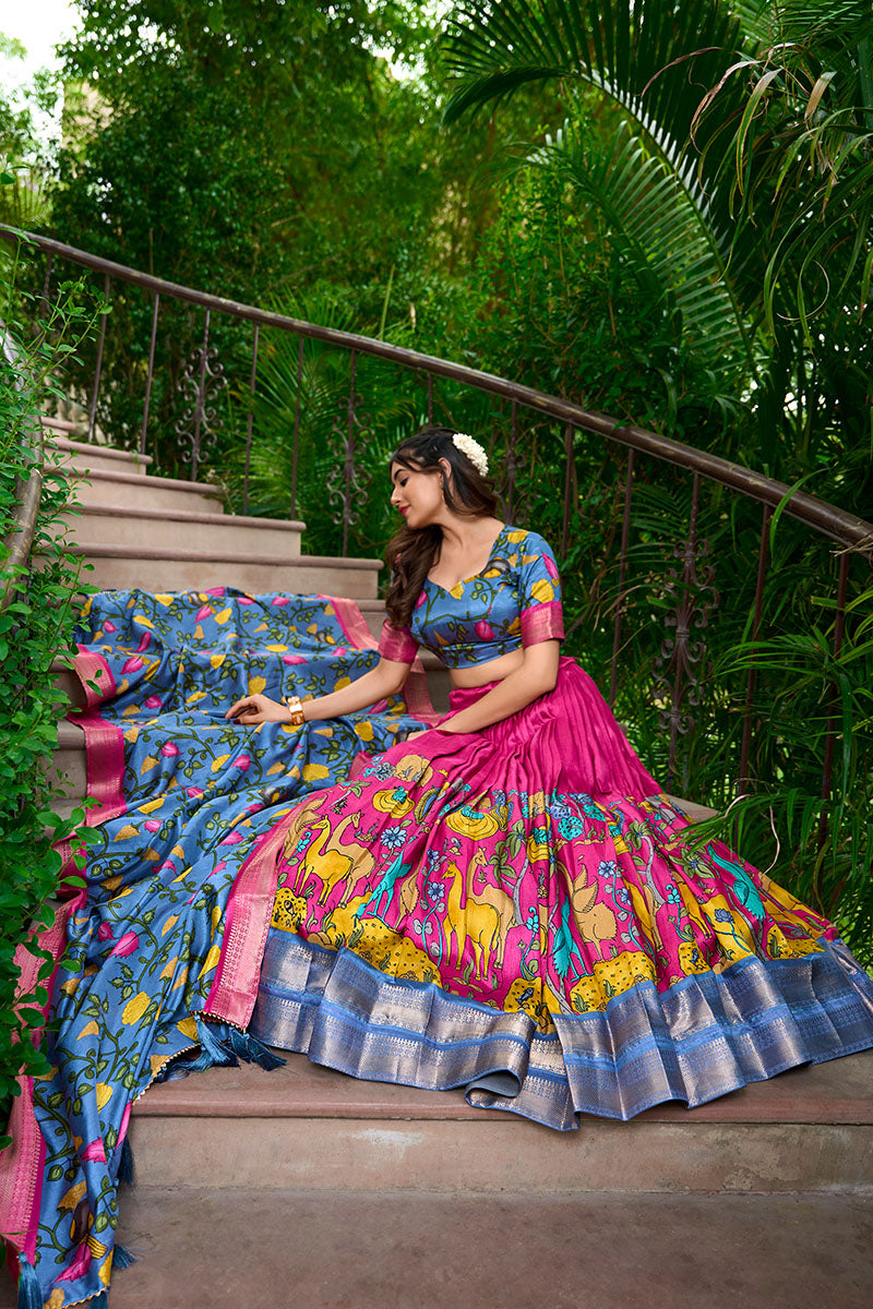 Pink & Blue Artistic Printed Tusser Silk Lehenga Choli Set