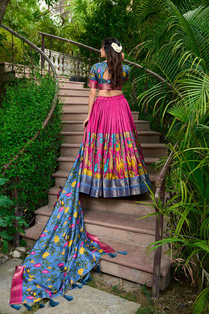 Pink & Blue Artistic Printed Tusser Silk Lehenga Choli Set