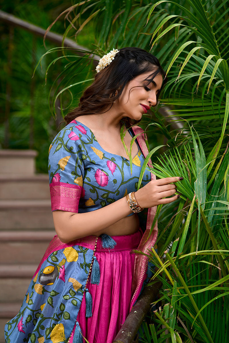 Pink & Blue Artistic Printed Tusser Silk Lehenga Choli Set