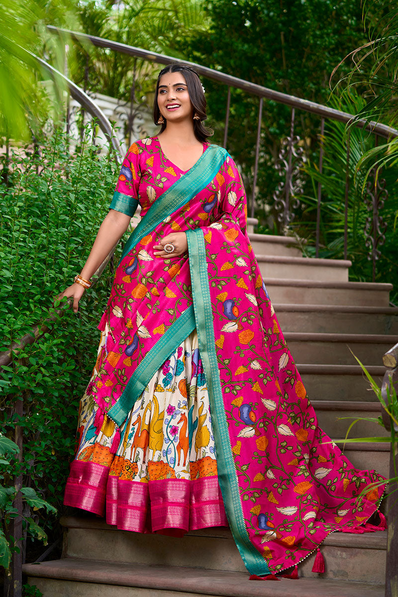 White & Pink Artistic Printed Tusser Silk Lehenga Choli Set
