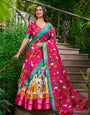White & Pink Artistic Printed Tusser Silk Lehenga Choli Set