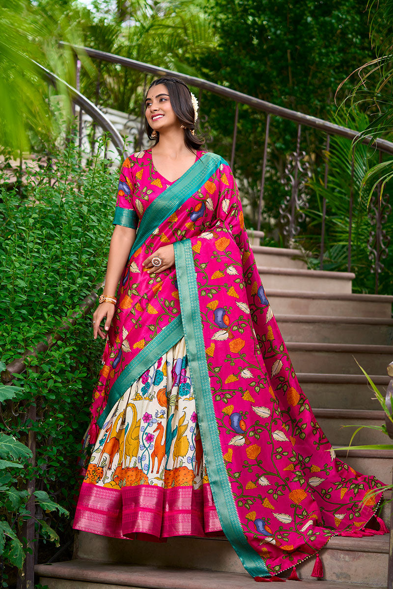 White & Pink Artistic Printed Tusser Silk Lehenga Choli Set