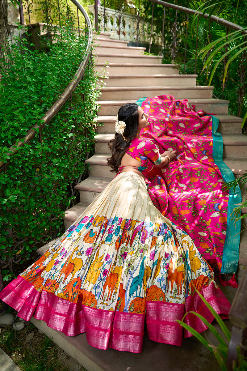White & Pink Artistic Printed Tusser Silk Lehenga Choli Set