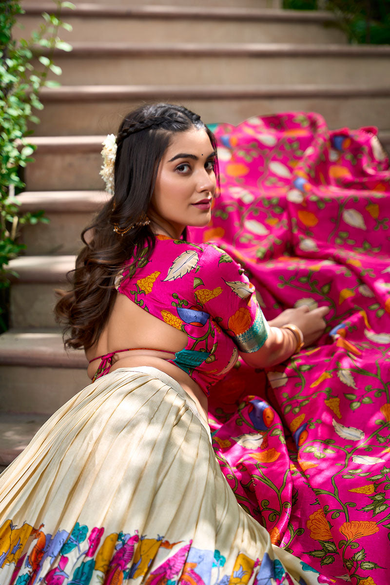 White & Pink Artistic Printed Tusser Silk Lehenga Choli Set