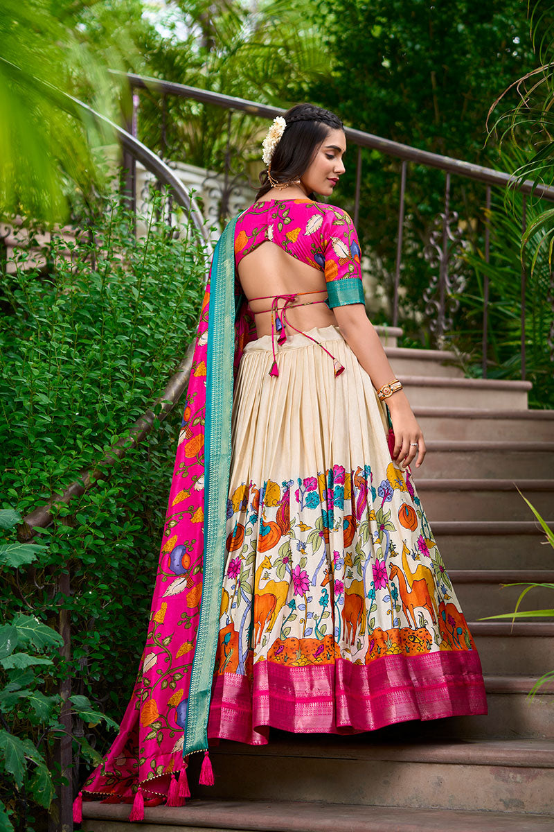 White & Pink Artistic Printed Tusser Silk Lehenga Choli Set