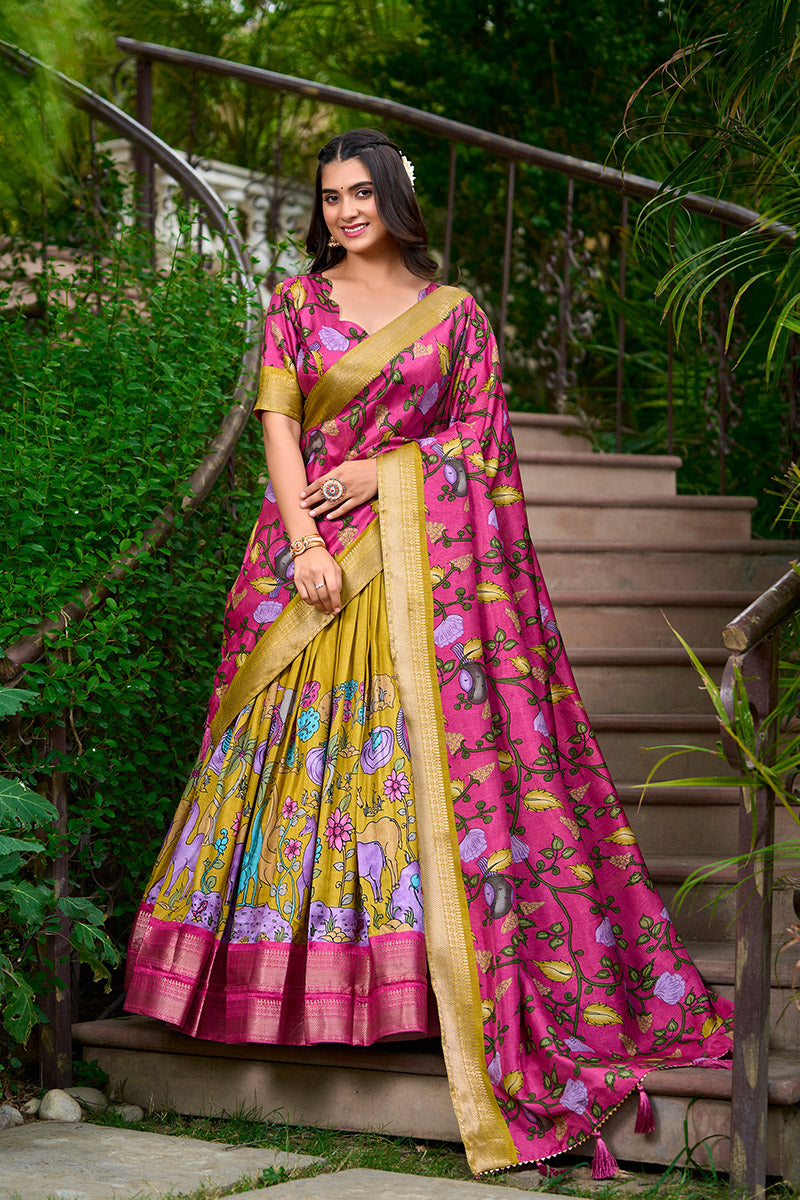 Mustard Yellow & Pink Artistic Printed Tusser Silk Lehenga Choli Set