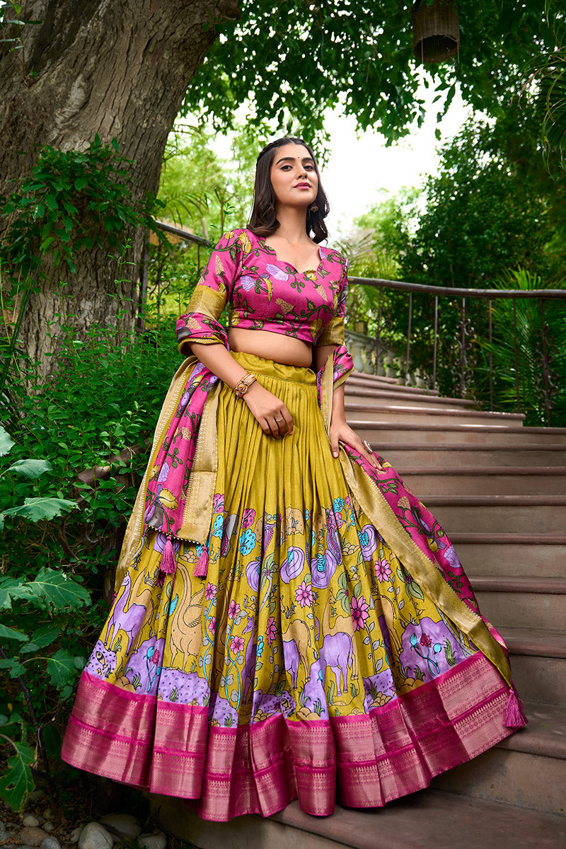 Mustard Yellow & Pink Artistic Printed Tusser Silk Lehenga Choli Set