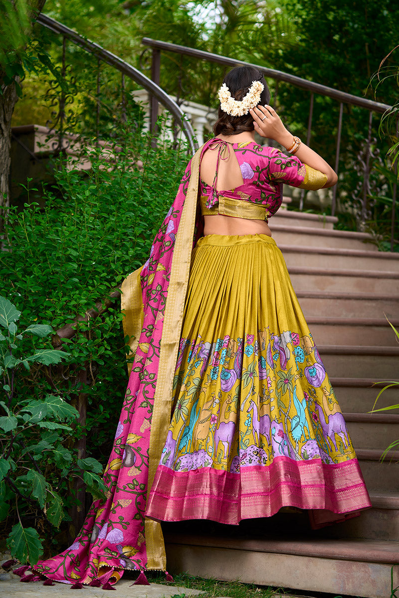 Mustard Yellow & Pink Artistic Printed Tusser Silk Lehenga Choli Set