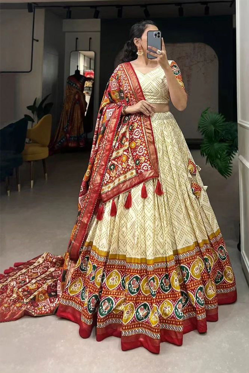 Gorgeous Beige Bandhej Tusser Silk Lehenga Choli With Multicolor Dupatta