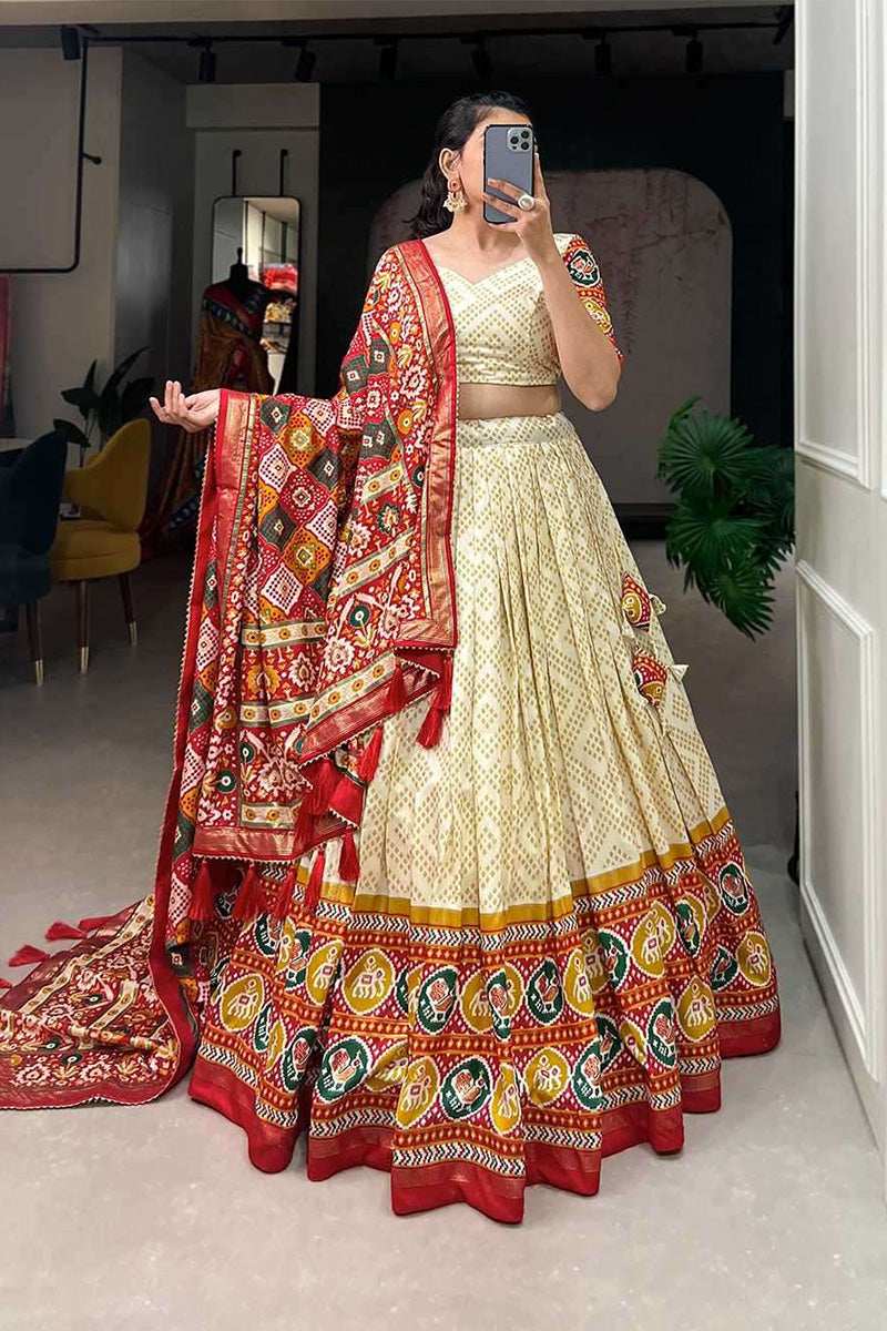 Gorgeous Beige Bandhej Tusser Silk Lehenga Choli With Multicolor Dupatta