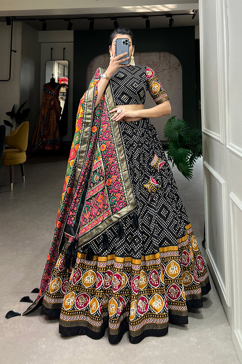 Elegant Black Bandhej Tusser Silk Lehenga Choli With Multicolor Dupatta
