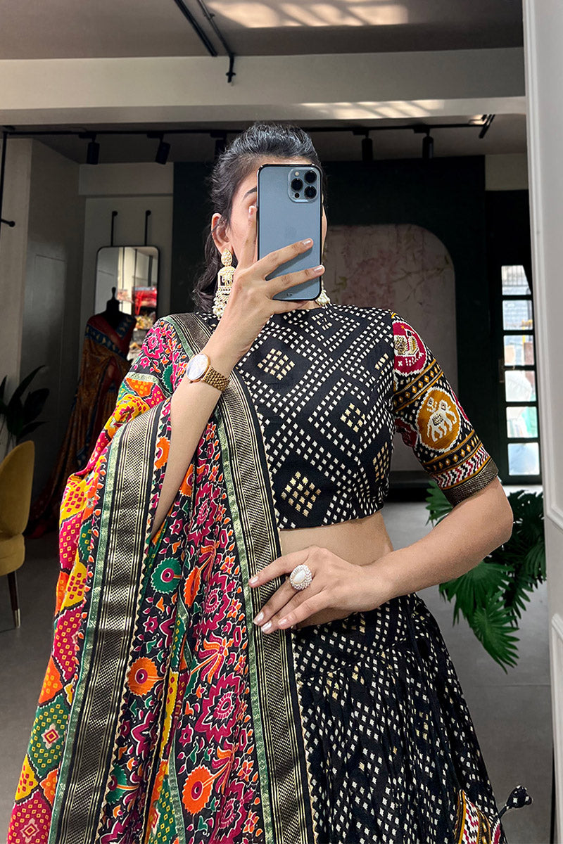 Elegant Black Bandhej Tusser Silk Lehenga Choli With Multicolor Dupatta