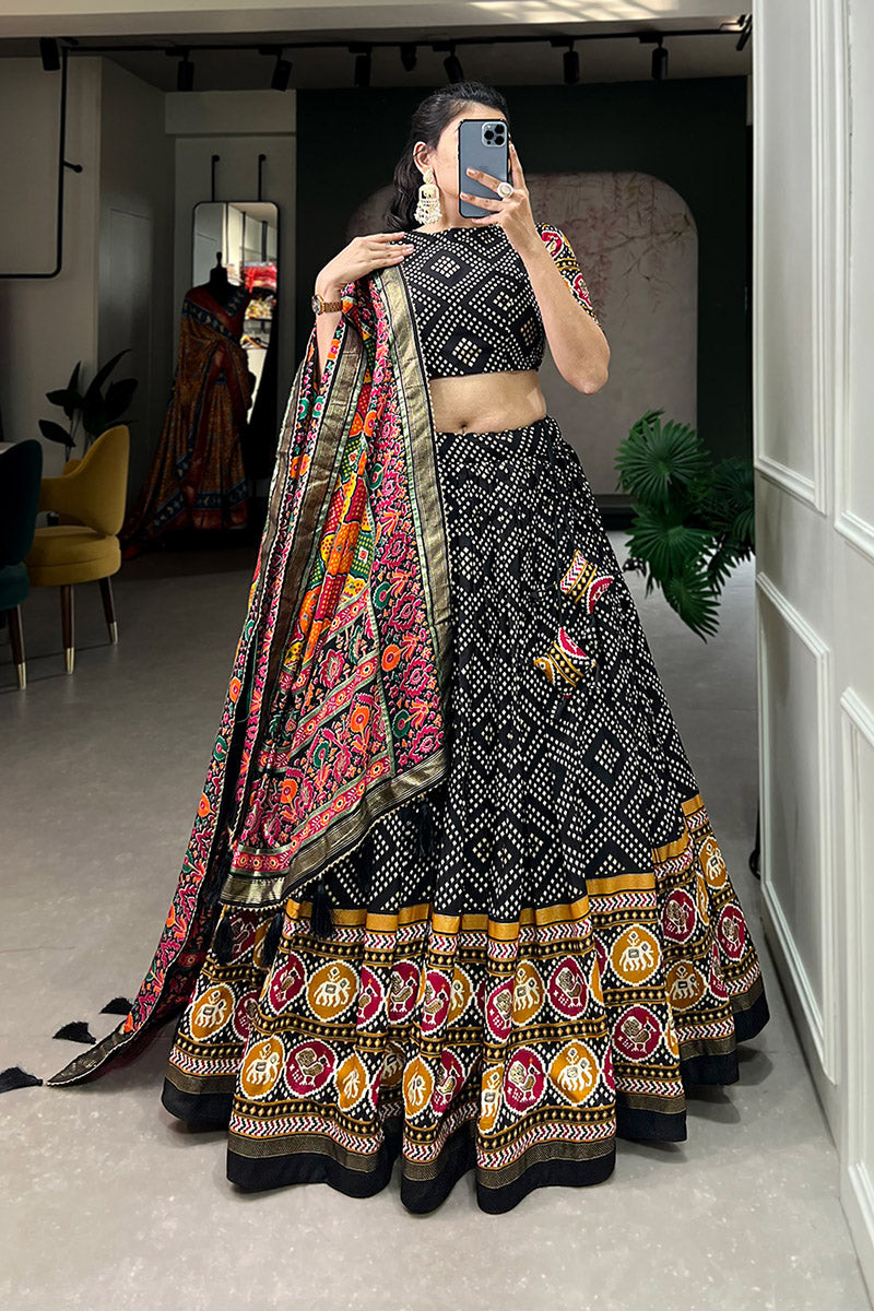 Elegant Black Bandhej Tusser Silk Lehenga Choli With Multicolor Dupatta