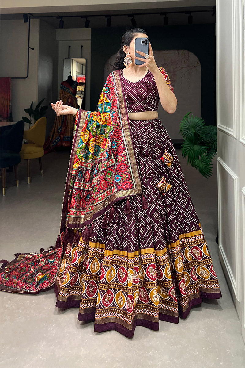 Flameboyant Wine Bandhej Tusser Silk Lehenga Choli With Multicolor Dupatta