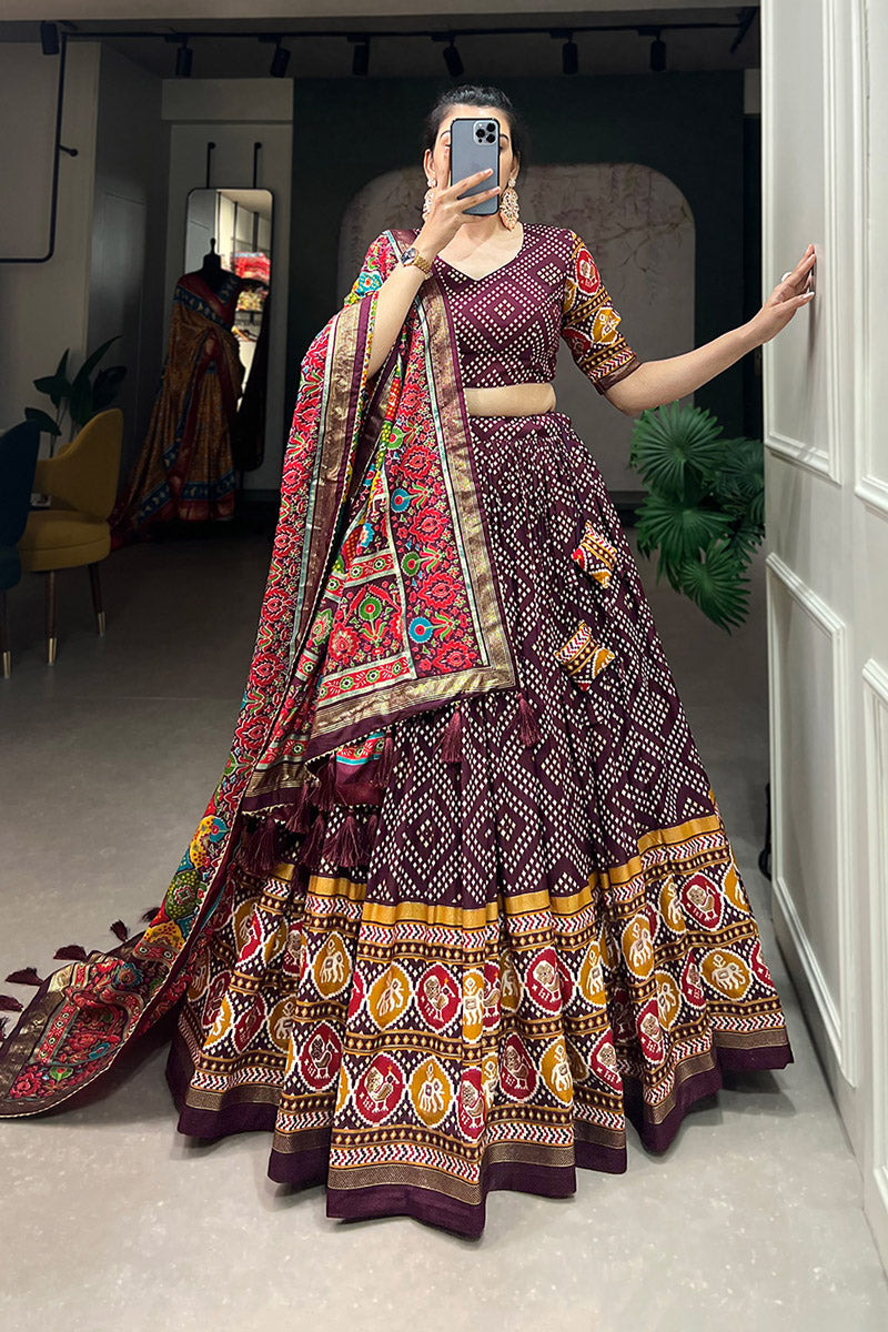 Flameboyant Wine Bandhej Tusser Silk Lehenga Choli With Multicolor Dupatta