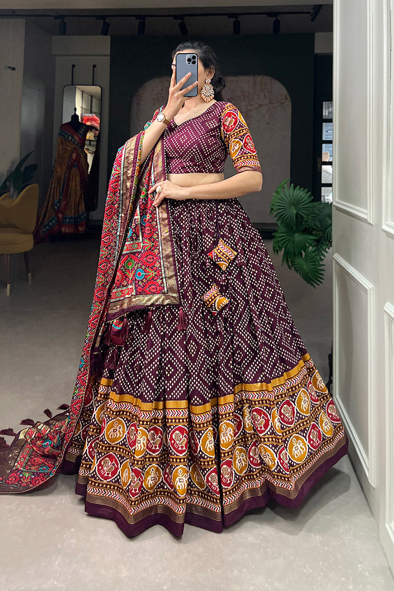Flameboyant Wine Bandhej Tusser Silk Lehenga Choli With Multicolor Dupatta