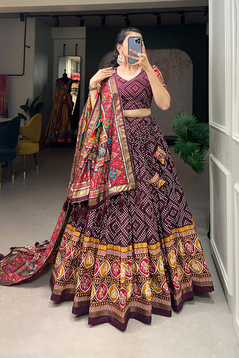Flameboyant Wine Bandhej Tusser Silk Lehenga Choli With Multicolor Dupatta