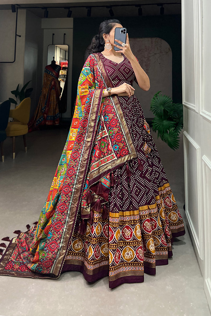 Flameboyant Wine Bandhej Tusser Silk Lehenga Choli With Multicolor Dupatta