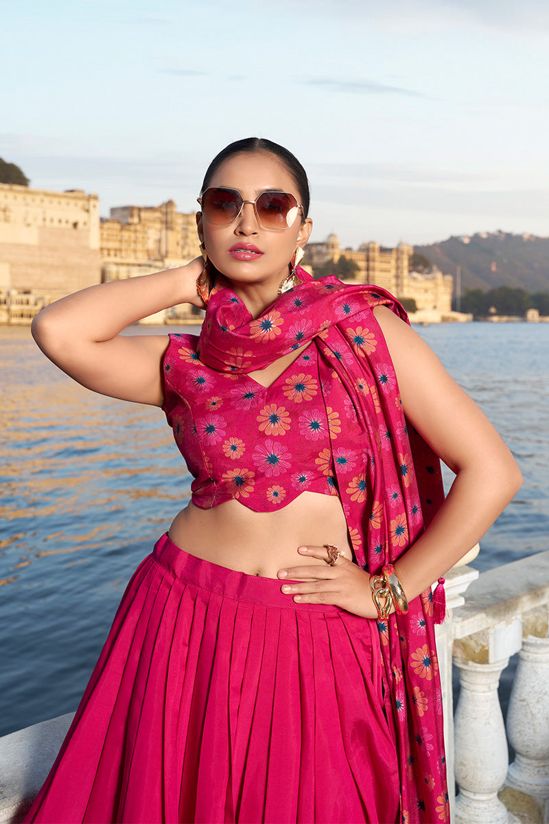 Elegant Pink Tusser Silk Lehenga Choli With Intricate Print And Dupatta