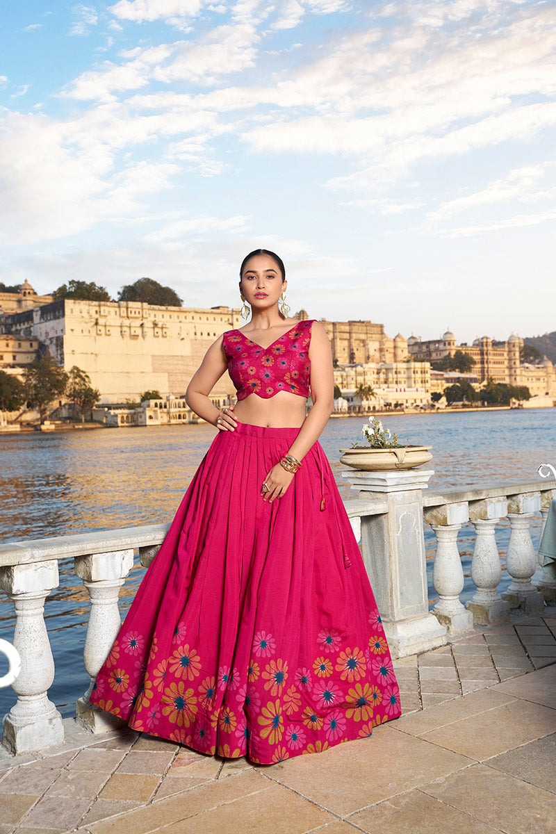 Elegant Pink Tusser Silk Lehenga Choli With Intricate Print And Dupatta