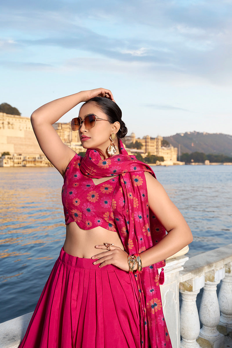 Elegant Pink Tusser Silk Lehenga Choli With Intricate Print And Dupatta