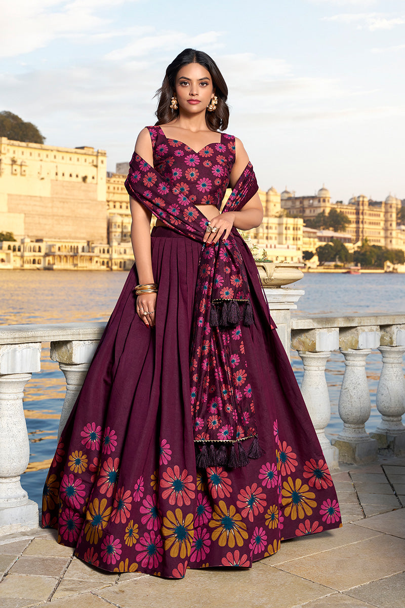 Designer Wine Tusser Silk Lehenga Choli With Intricate Print And Dupatta