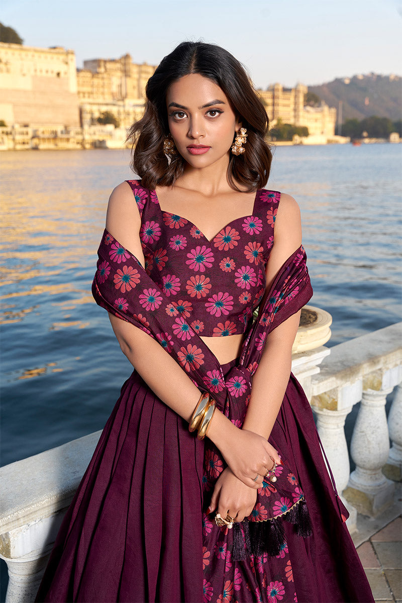 Designer Wine Tusser Silk Lehenga Choli With Intricate Print And Dupatta